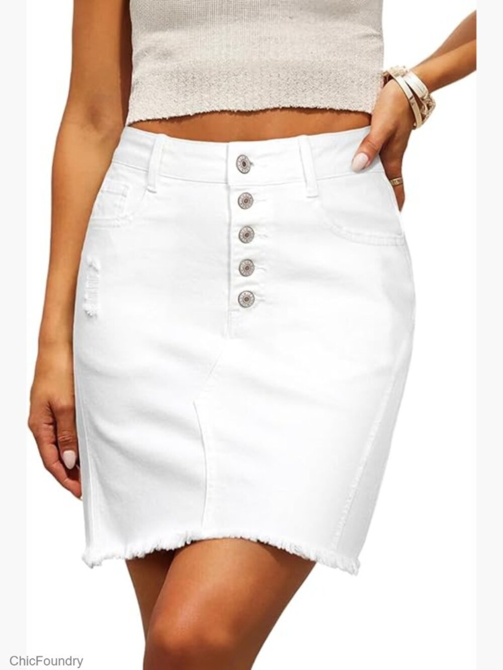 High Waist Ripped Frayed Jean Skirt Stretchy Button Fly Summer Denim